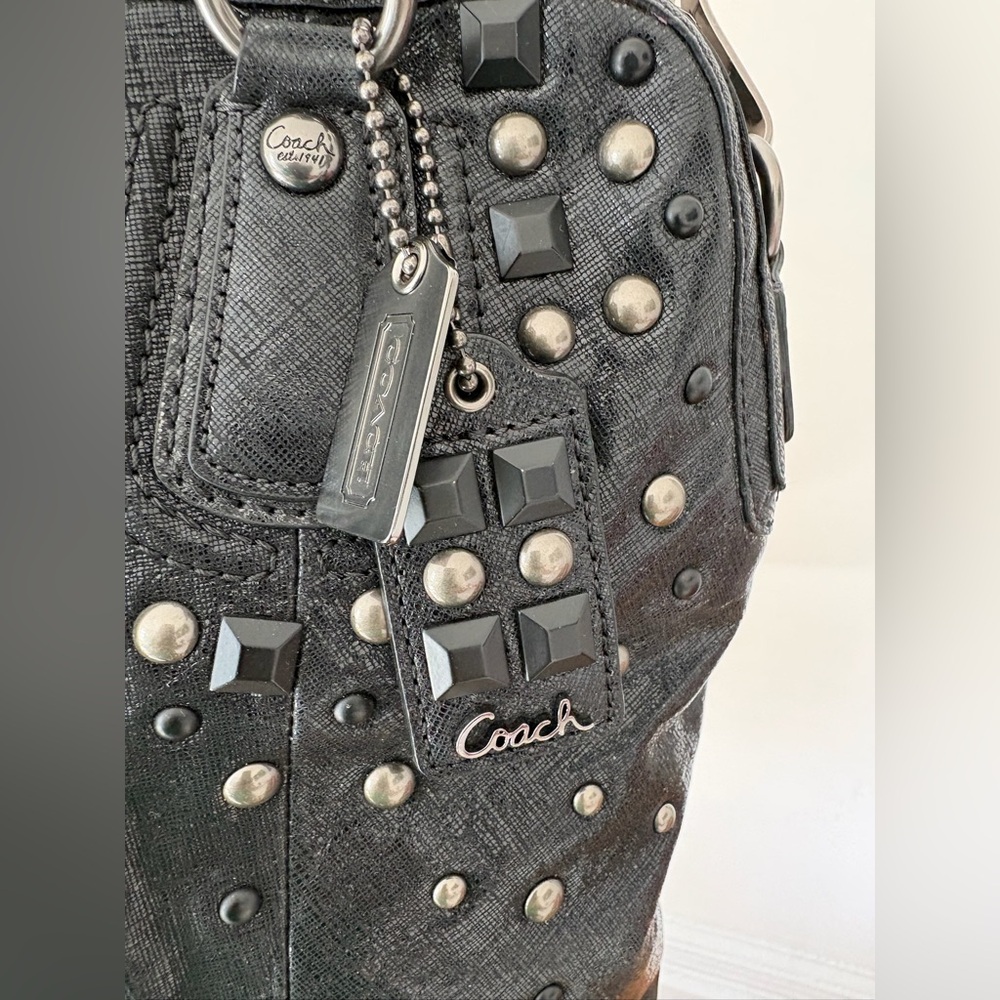 Limited Edition Coach Kristin Studded Pleated Leather Satchel Bag Black w DstBg - Picture 3 of 7